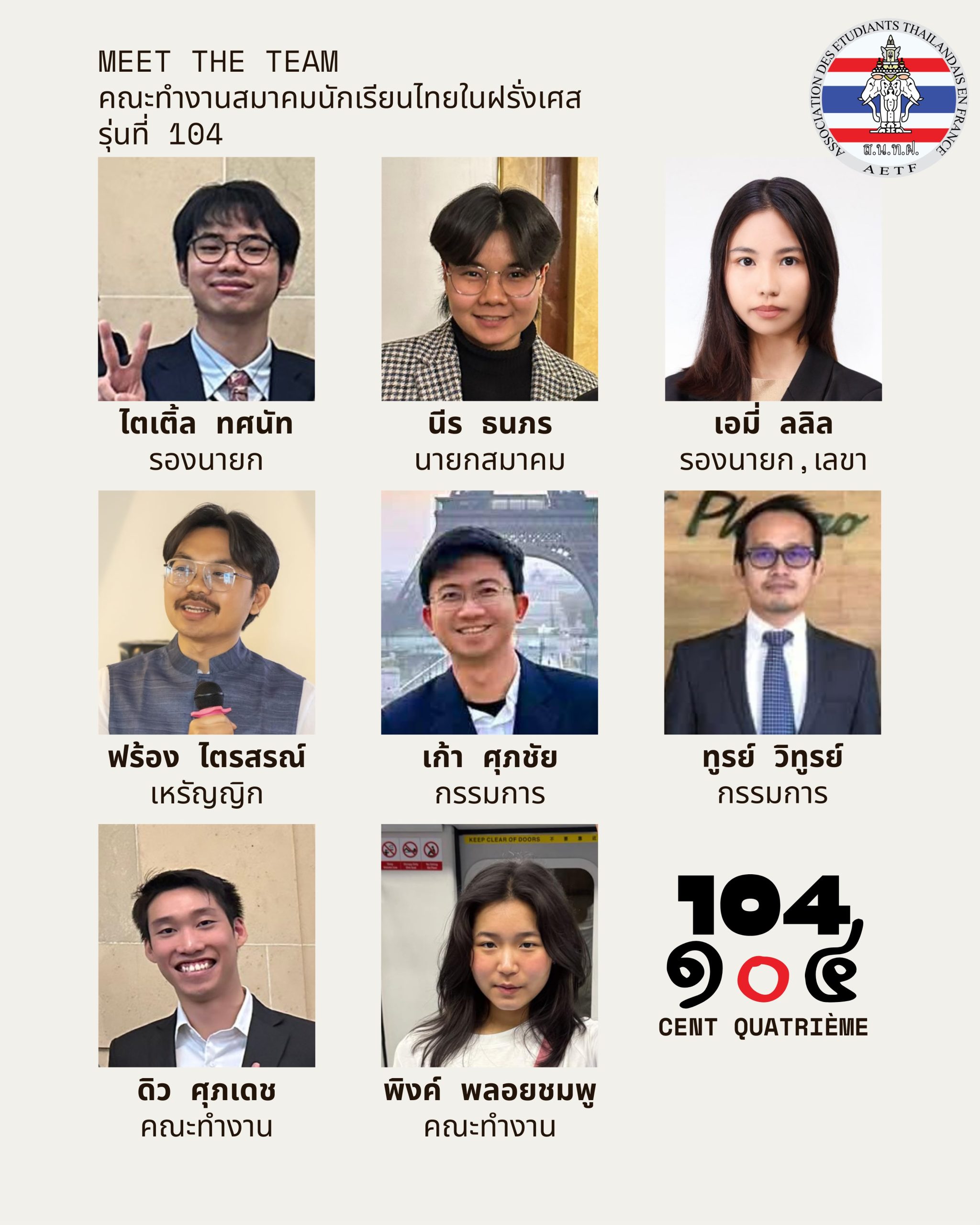 คณะทำงานสมาคมนักเรียนไทยในฝรั่งเศส รุ่นที่ 104 — ภาพสมาชิกทั้ง 8 คน พร้อมชื่อและตำแหน่ง